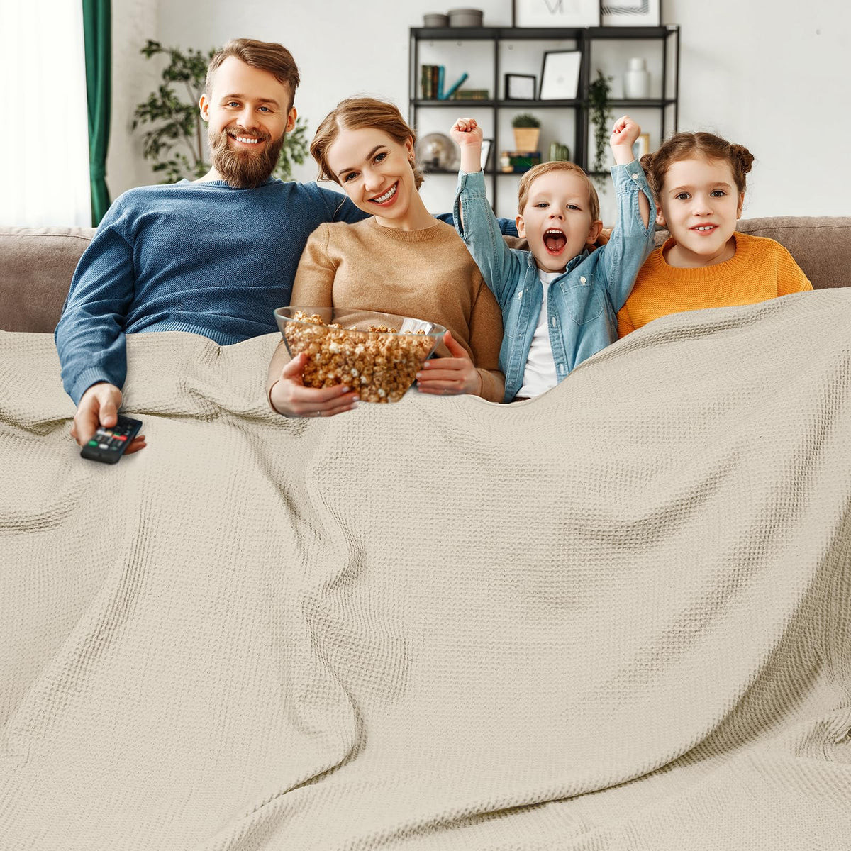 PHF 100% Cotton Waffle Blanket Lightweight Breathable, Queen Linen/Stone