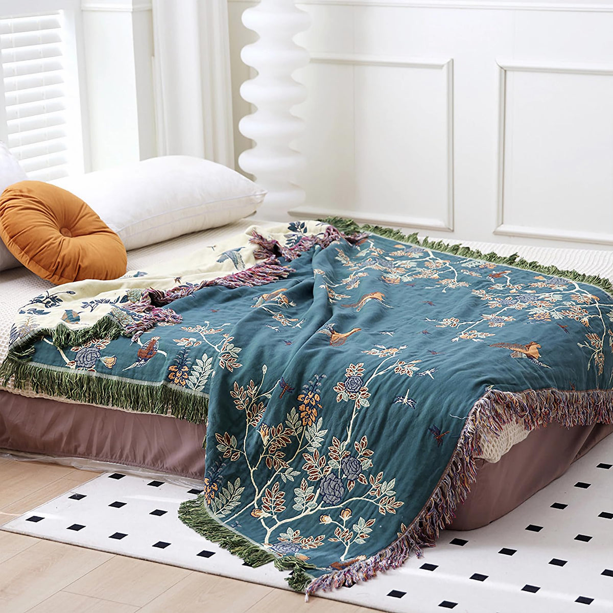 Snycler Boho Throw Blanket for Bed, 100% Organic Cotton Muslin Soft Throw-Floral Bird Farmhouse Rustic Spring Summer Fall Decor Blanket for Couch Sofa Quilt and Gift, 60" x 80" Orange