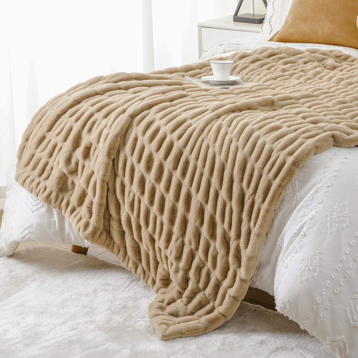 BATTILO Soft Ivory Faux Fur Throw Blanket for Couch, 50"x60", Double Side