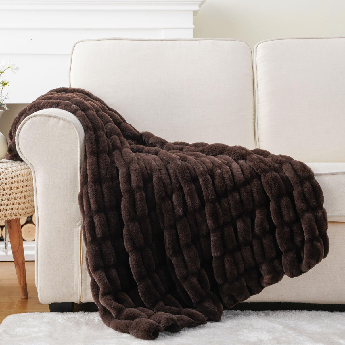 BATTILO Soft Ivory Faux Fur Throw Blanket for Couch, 50"x60", Double Side