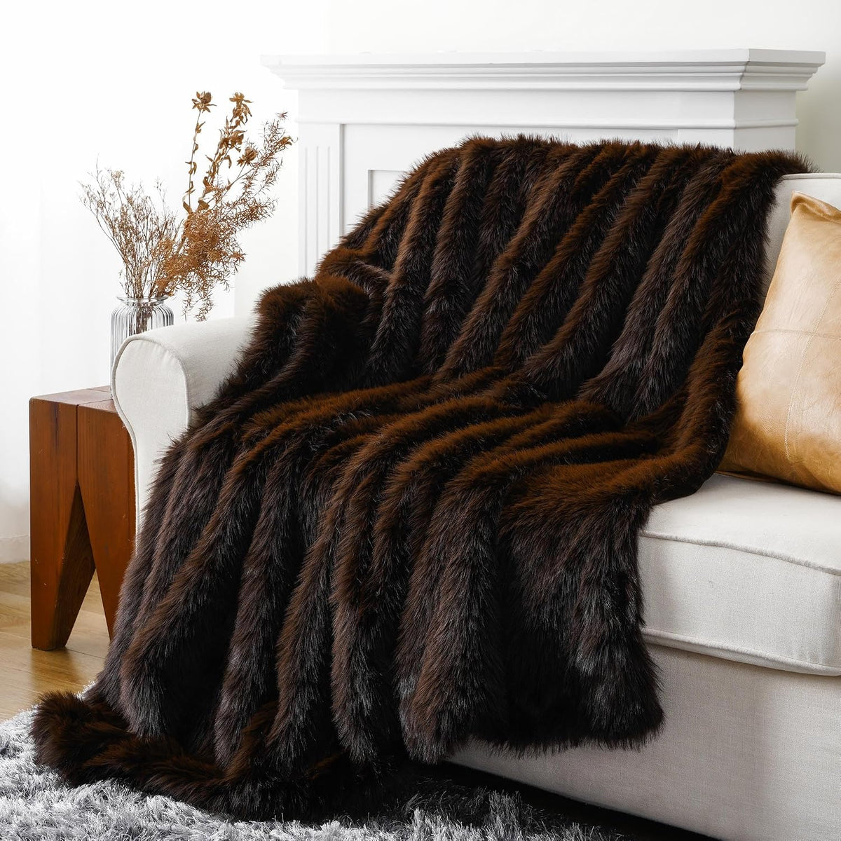 BATTILO HOME Faux Fur Throw Blanket, Luxury Fluffy Brown Blankets, 50"x60"