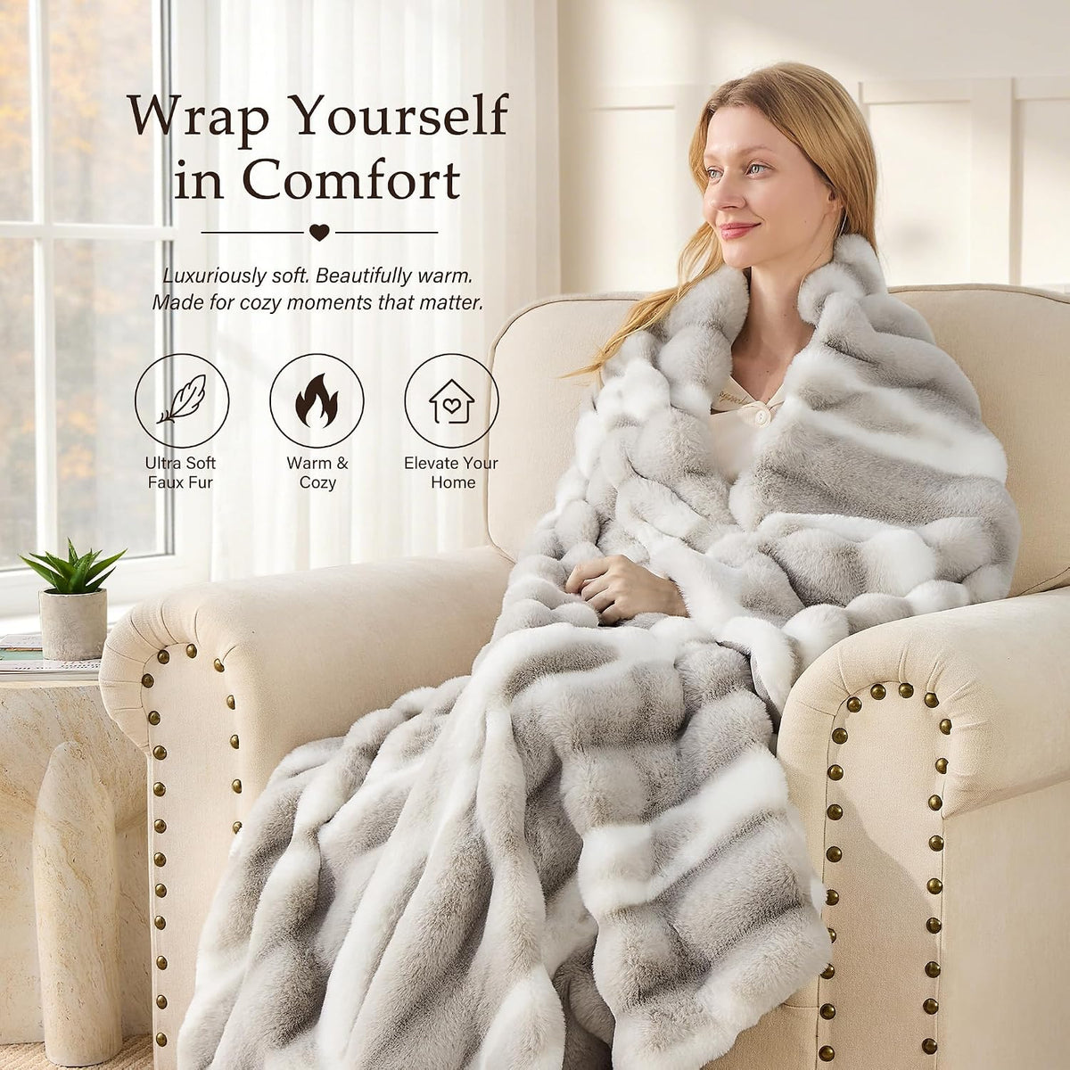 VFROO Plush Faux Rabbit Fur Throw Blanket – 850GSM Thick & Warm, Ultra Soft Fluffy Blanket for Couch, Bed, Sofa, Ideal Gift for Women, 50" × 60", Grey
