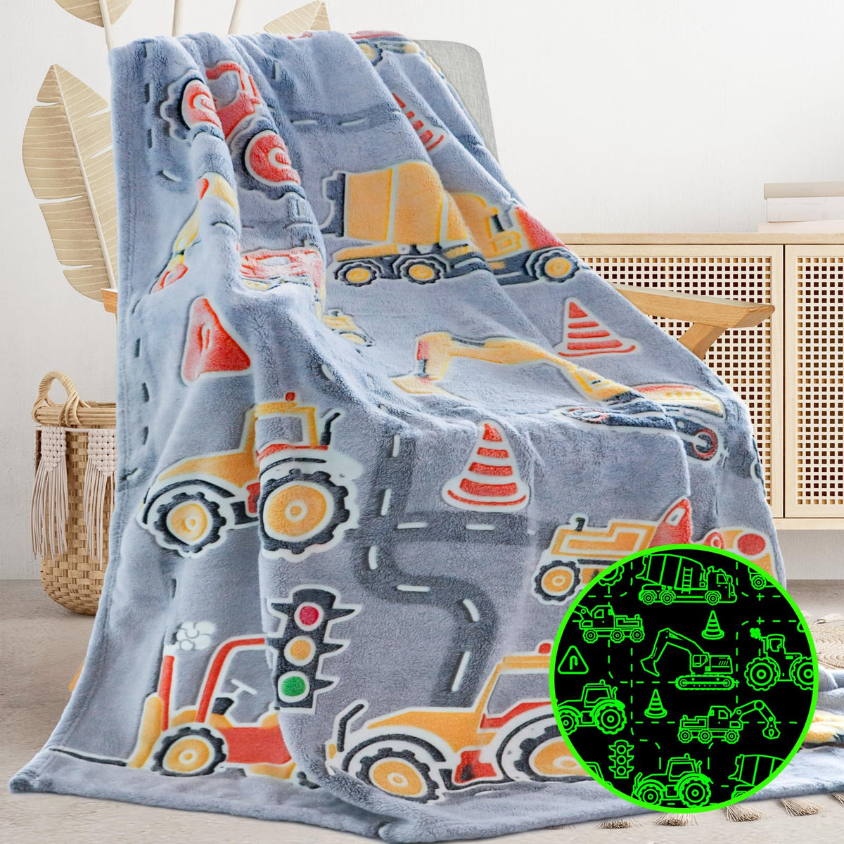 Glow in The Dark Blanket Dinosaur Throw Blanket for Boys Kids Soft Warm Cozy Cute Dino Blanket Unique Dinosaurs Toys Gifts Gray Glowing Dinosaur Room Decor Blankets for Girls Teens 50"x60"