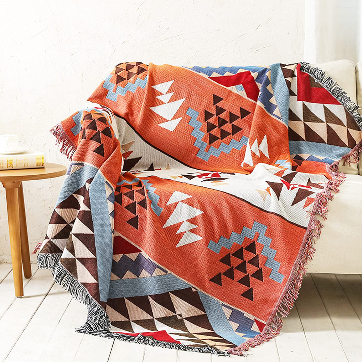 Luxlovery Aztec Sofa Throw Blankets Blue Ethnic Woven Boho Dusty Blue Color Bohemian Woven Throw Blanket for Couch Aztec Bed Throws Oversized Chair Sofa Cover with Tassels(63"x102")