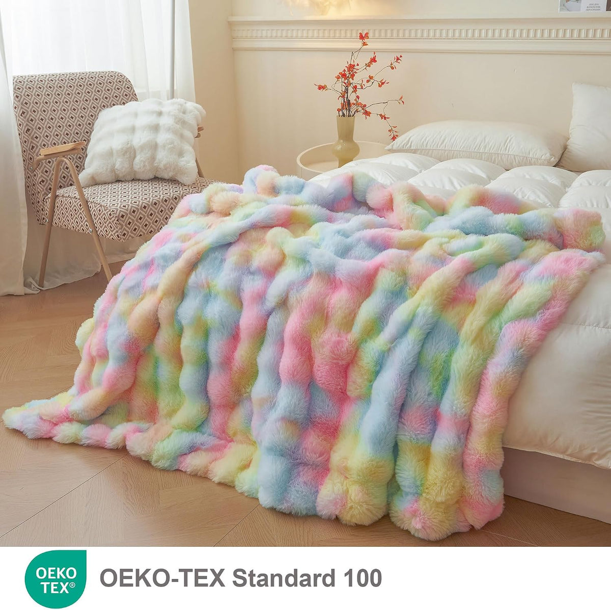 LIFEREVO Luxury Fluffy Faux Rabbit Fur Throw Blanket 50x60, Rainbow