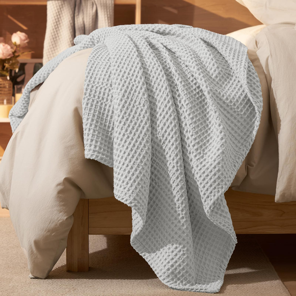 PHF Ultra Soft Waffle Weave Blanket for Bed, Queen Size, Light Khaki/Linen