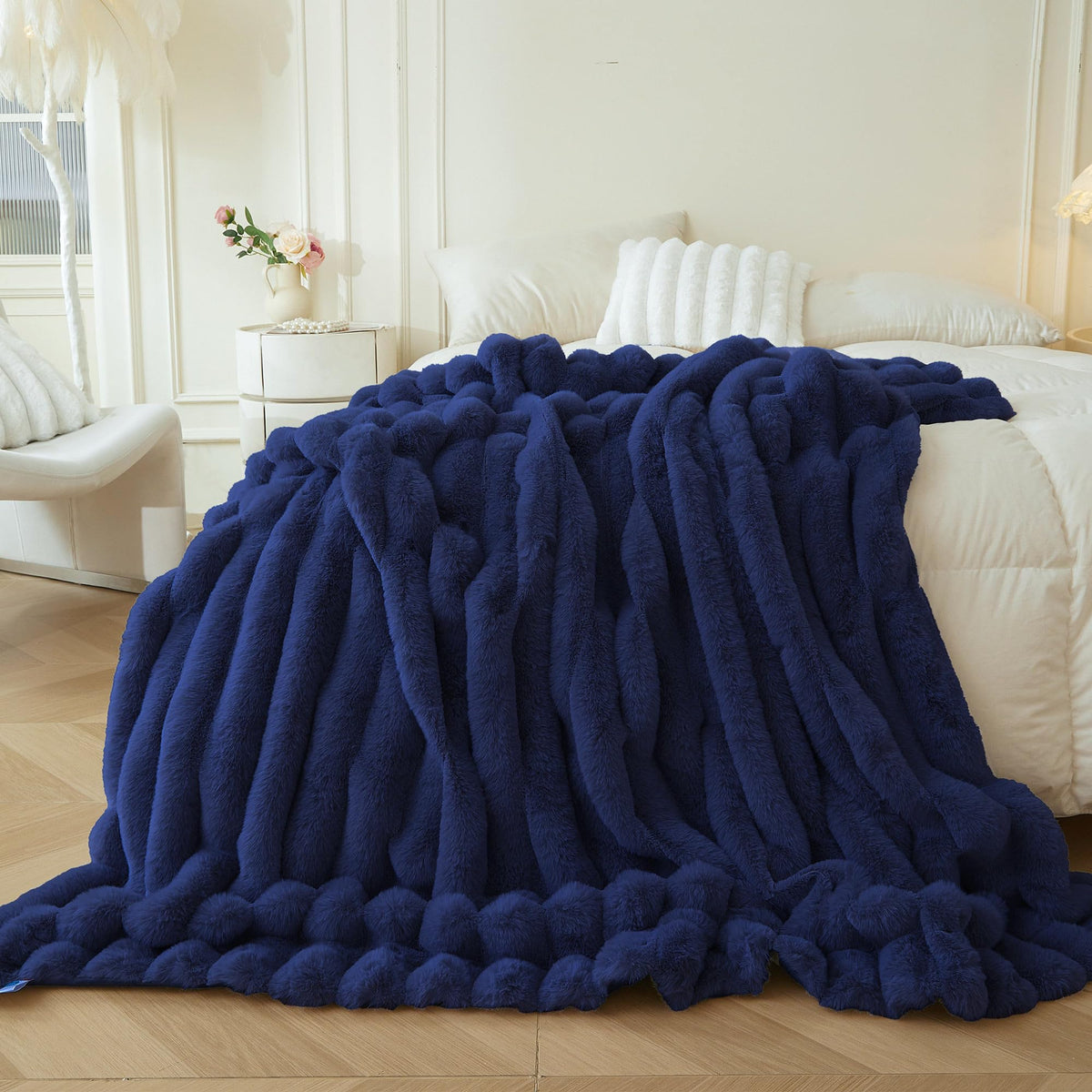 MEGO Fluffy Faux Rabbit Fur Ribbed Throw Blanket 50"x60", Rainbow