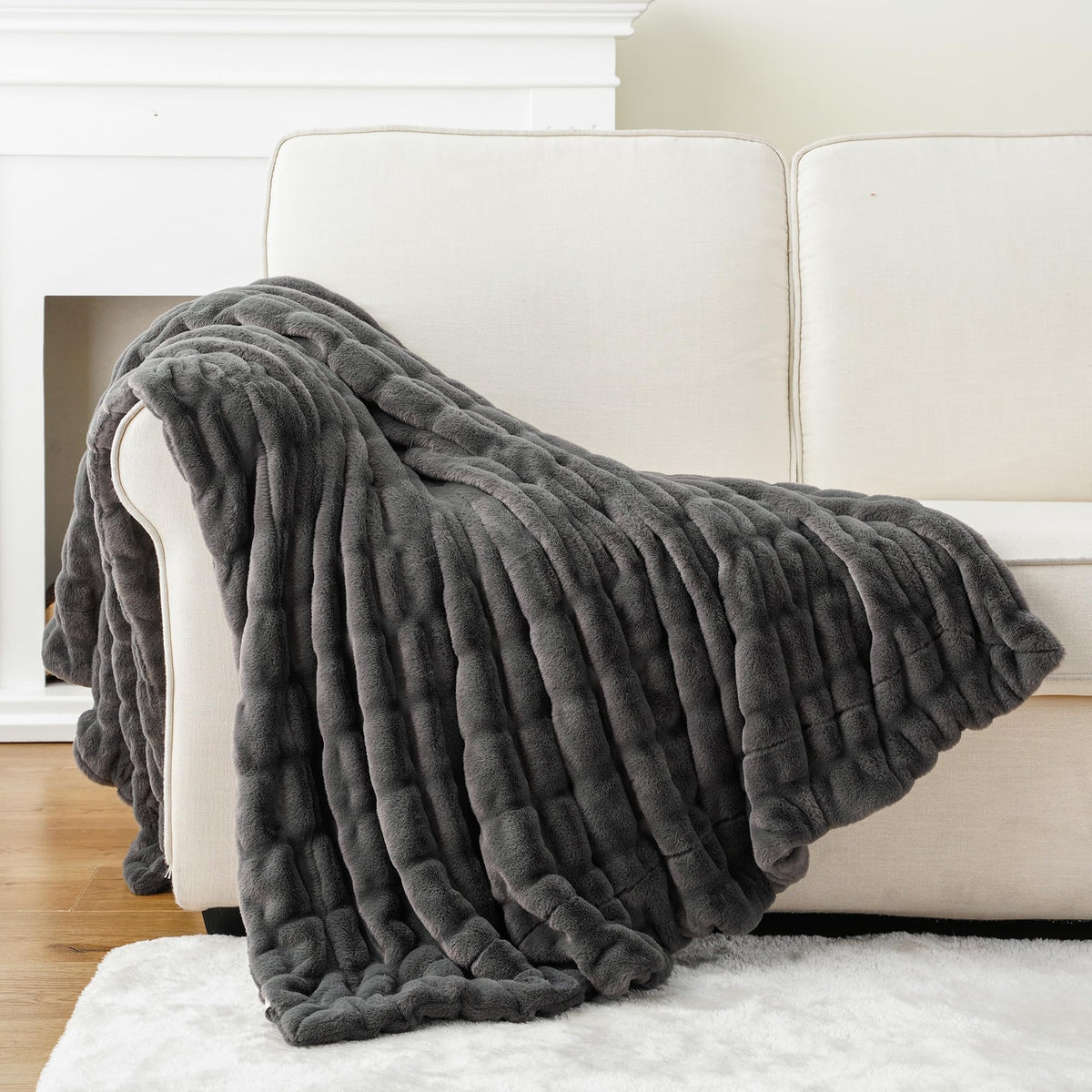 BATTILO Soft Ivory Faux Fur Throw Blanket for Couch, 50"x60", Double Side