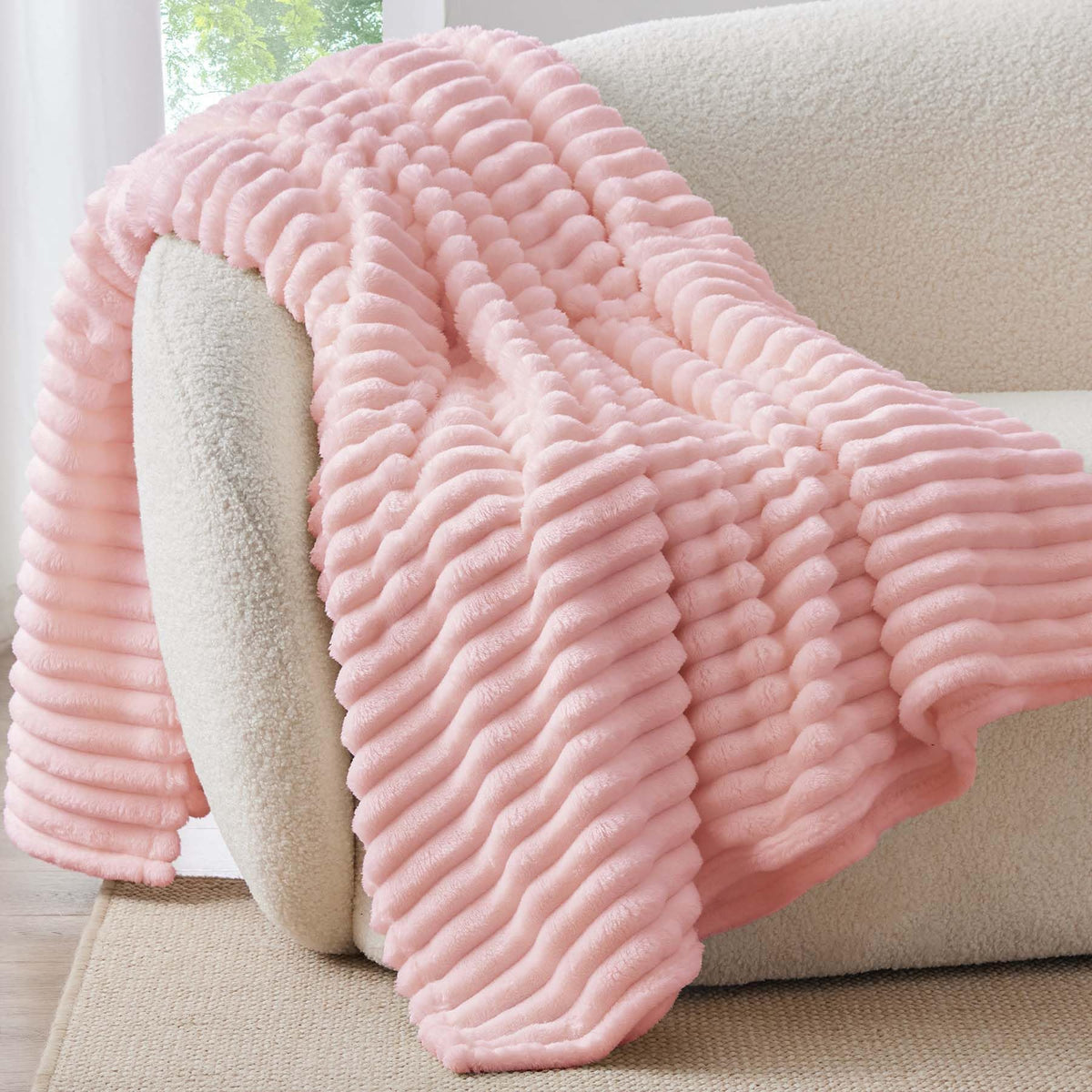 BEDELITE Ribbed Fleece Throw Blanket for Couch, Cream, 50"x60"