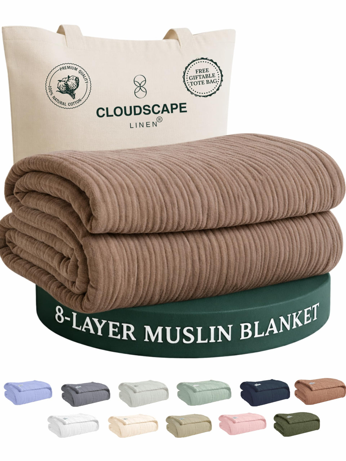 CLOUDSCAPE 8 Layer Muslin Blanket Queen Size, Gauze, Cotton 92"x92" - Ivory
