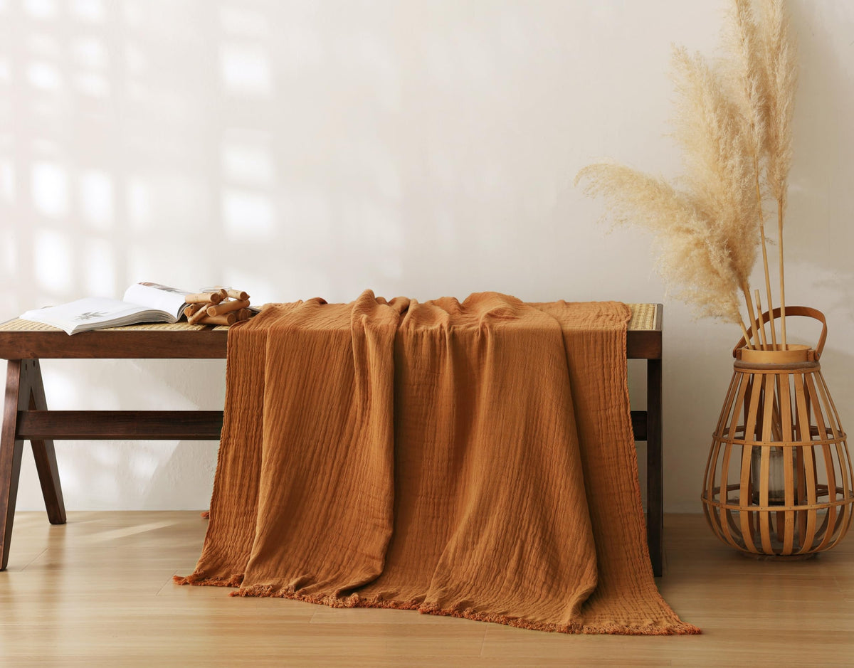 100% Cotton Muslin Throw Blanket for Bed, Couch, Small, Decorative, Soft, Pre-Washed, Breathable and Lightweight Gauze Blanket with Fringes(Linen Grey, 50"x60")