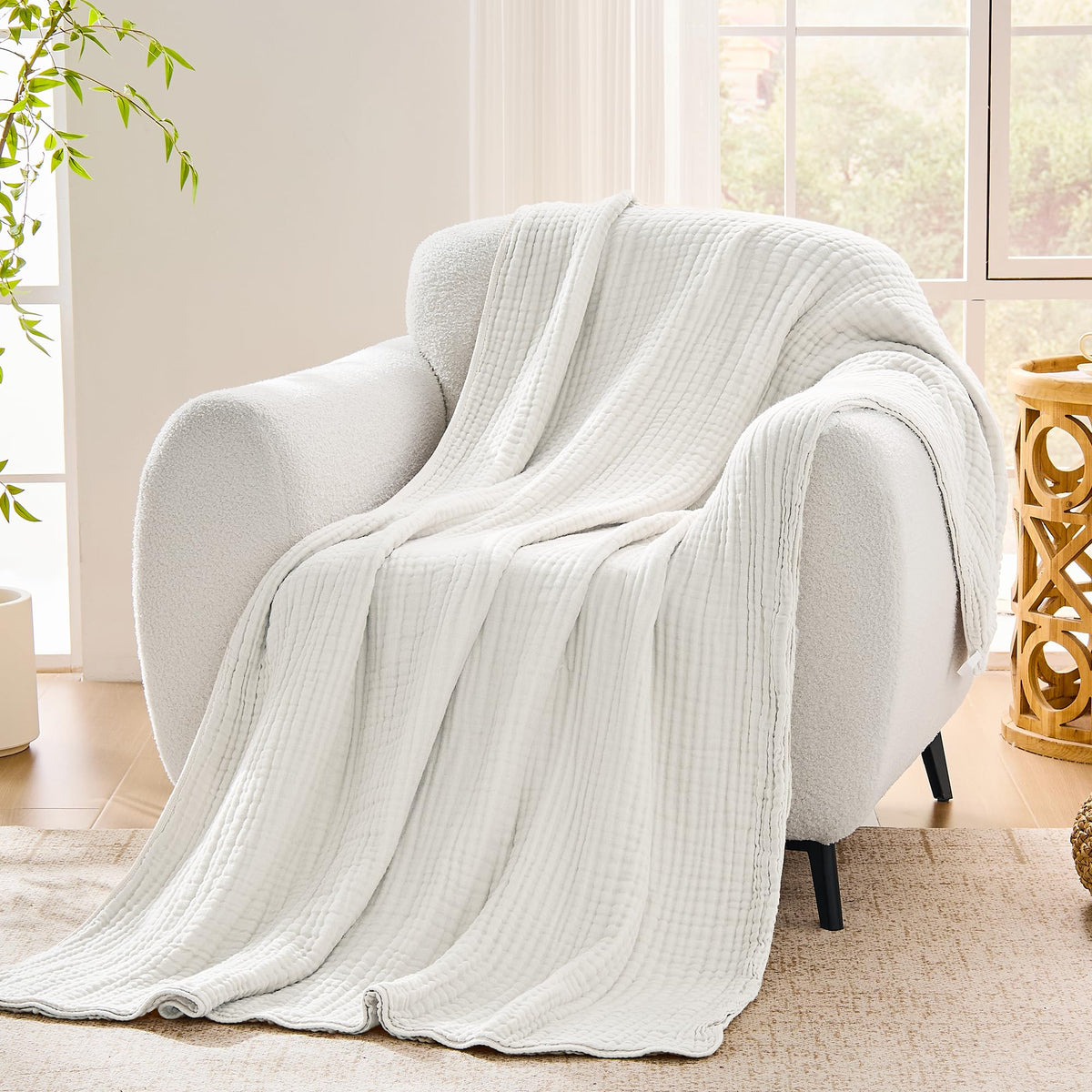 VANJOROY Muslin Throw Blanket for Adults, 100% Cotton 9-Layer 50x70, Beige