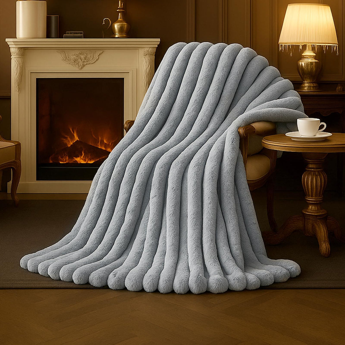 Amélie Home Soft Striped Faux Fur Throw Blanket for Couch, Ivory, 55"x70"