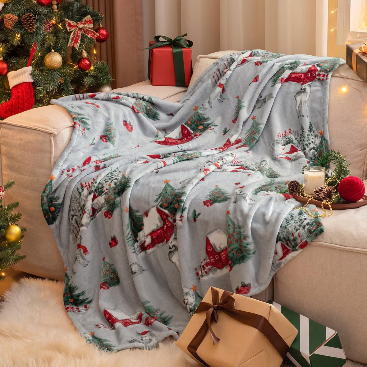 PHF Fleece Blanket Queen Size 90x90-300GSM Lightweight Airy Warmth, Khaki