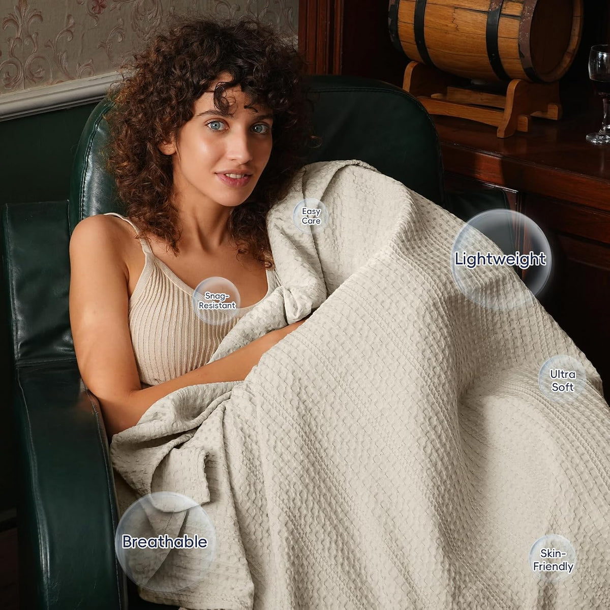 PHF Lightweight Waffle Weave Blanket Queen Size 90"x 90", Soft Woven All‑Season Blanket for Hot Sleepers - Aesthetic Home Decor for Couch Bed Sofa, Pet Friendly, Natural/Linen