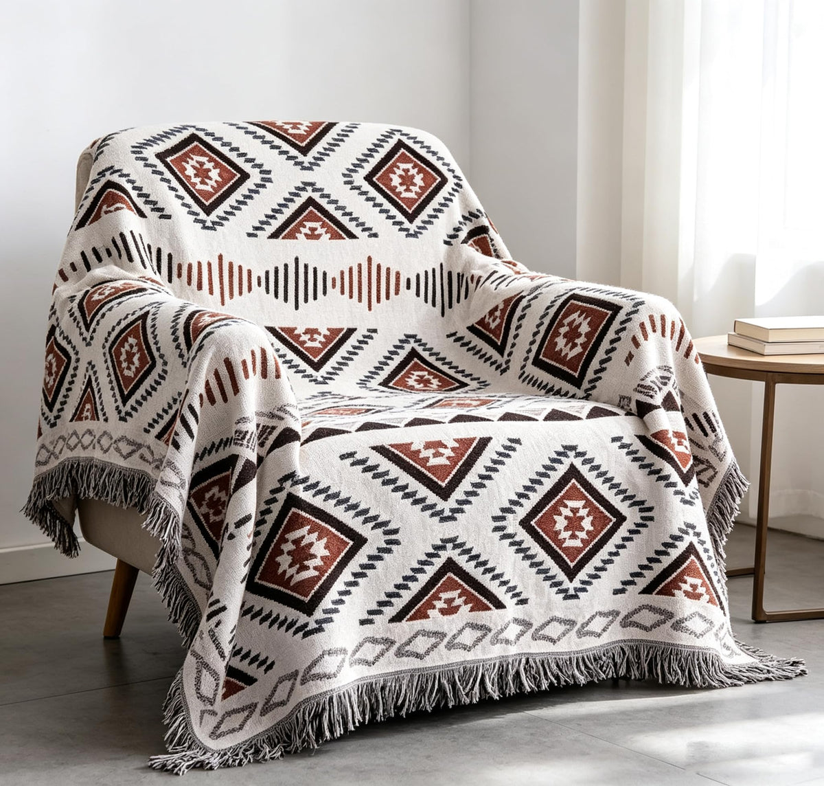 Luxlovery Aztec Sofa Throw Blankets Blue Ethnic Woven Boho Dusty Blue Color Bohemian Woven Throw Blanket for Couch Aztec Bed Throws Oversized Chair Sofa Cover with Tassels(63"x102")