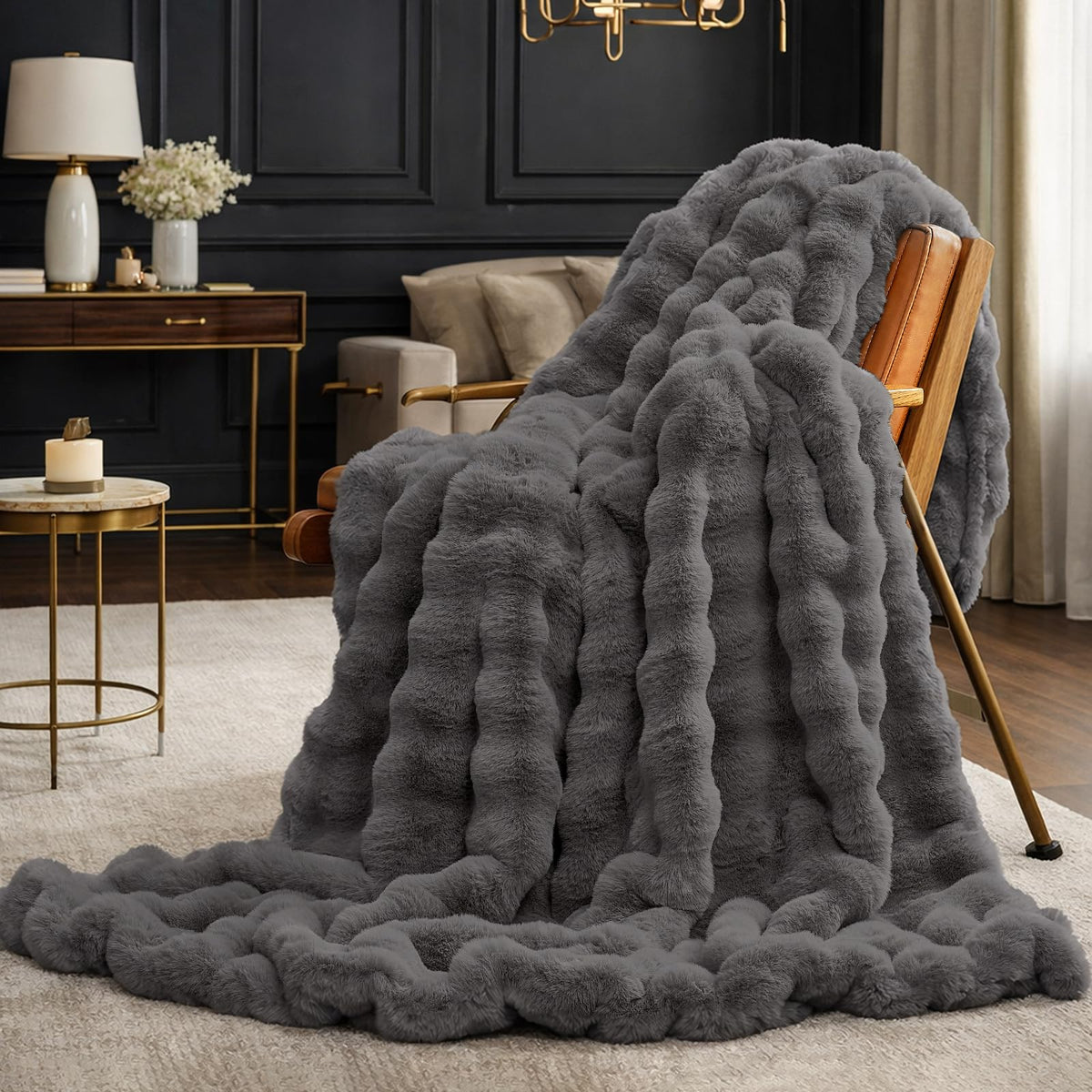 Cozy Bliss Faux Fur Throw Blanket for Couch, Fuzzy Soft Plush Thick Bubble Blanket for Sofa Bedroom Living Room, 50 * 60 Inches Tie-dye Taupe