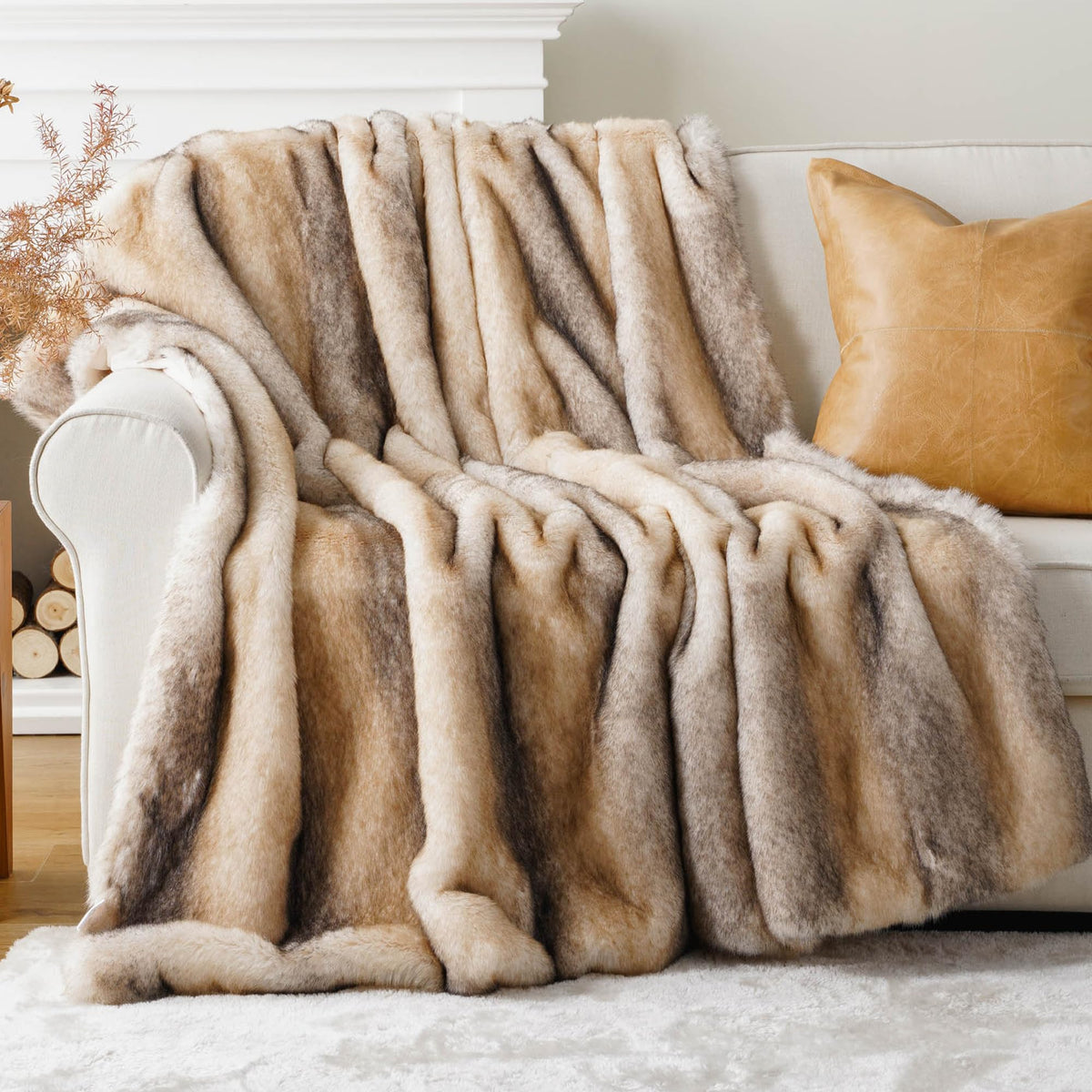 BATTILO Large Brown Faux Fur Throw Blanket for Bed, 60"x80", Shaggy