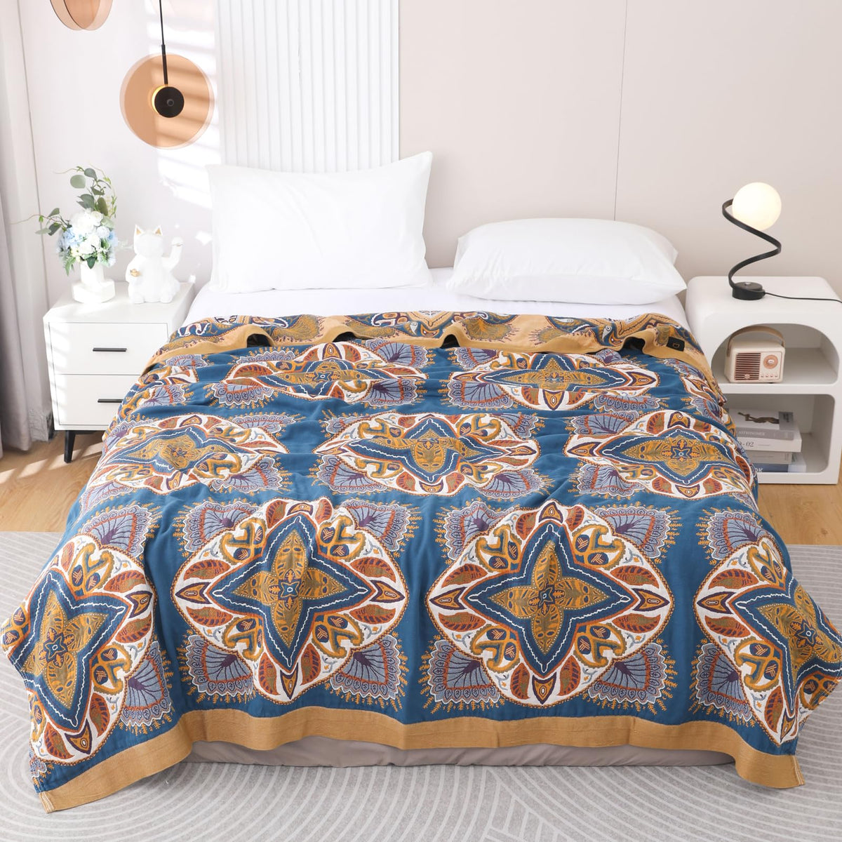 Snycler Boho Throw Blanket for Bed, 100% Organic Cotton Muslin Soft Throw-Floral Bird Farmhouse Rustic Spring Summer Fall Decor Blanket for Couch Sofa Quilt and Gift, 60" x 80" Orange