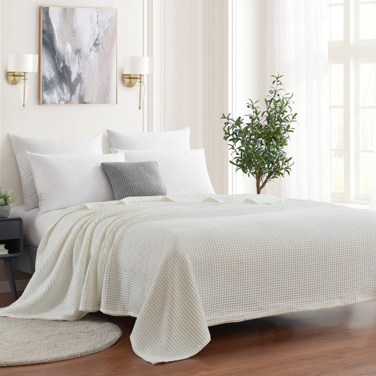 Sweet Home Collection 100% Fine Cotton Luxurious Basket Weave Blanket, Ivory Full/Queen(Pack of 1)