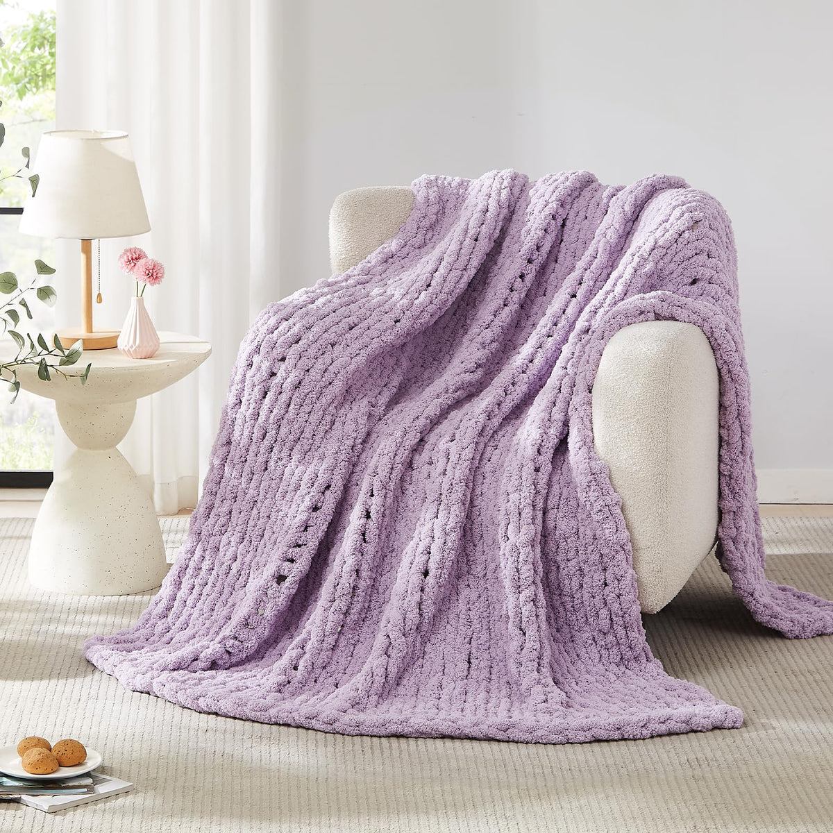L'AGRATY Chunky Knit Throw Blanket for Couch, 50'' x 60'' Knit Throw, Ivory