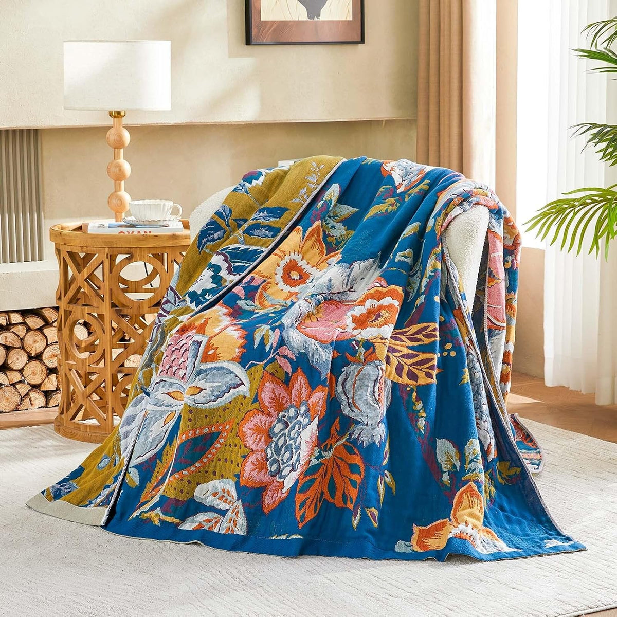 XIBLC Boho Throw Blanket, Blue Lightweight Blankets for Summer, 100% Cotton Bohemian Decorative Throw Blanket, 50"x60" Reversible Muslin Breathable Woven Farmhouse Blankets Quilt,