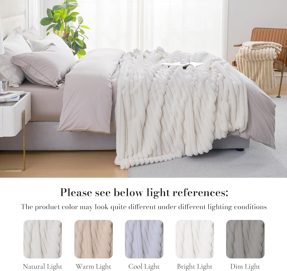 Amélie Home Soft Striped Faux Fur Throw Blanket for Couch, Ivory, 55"x70"