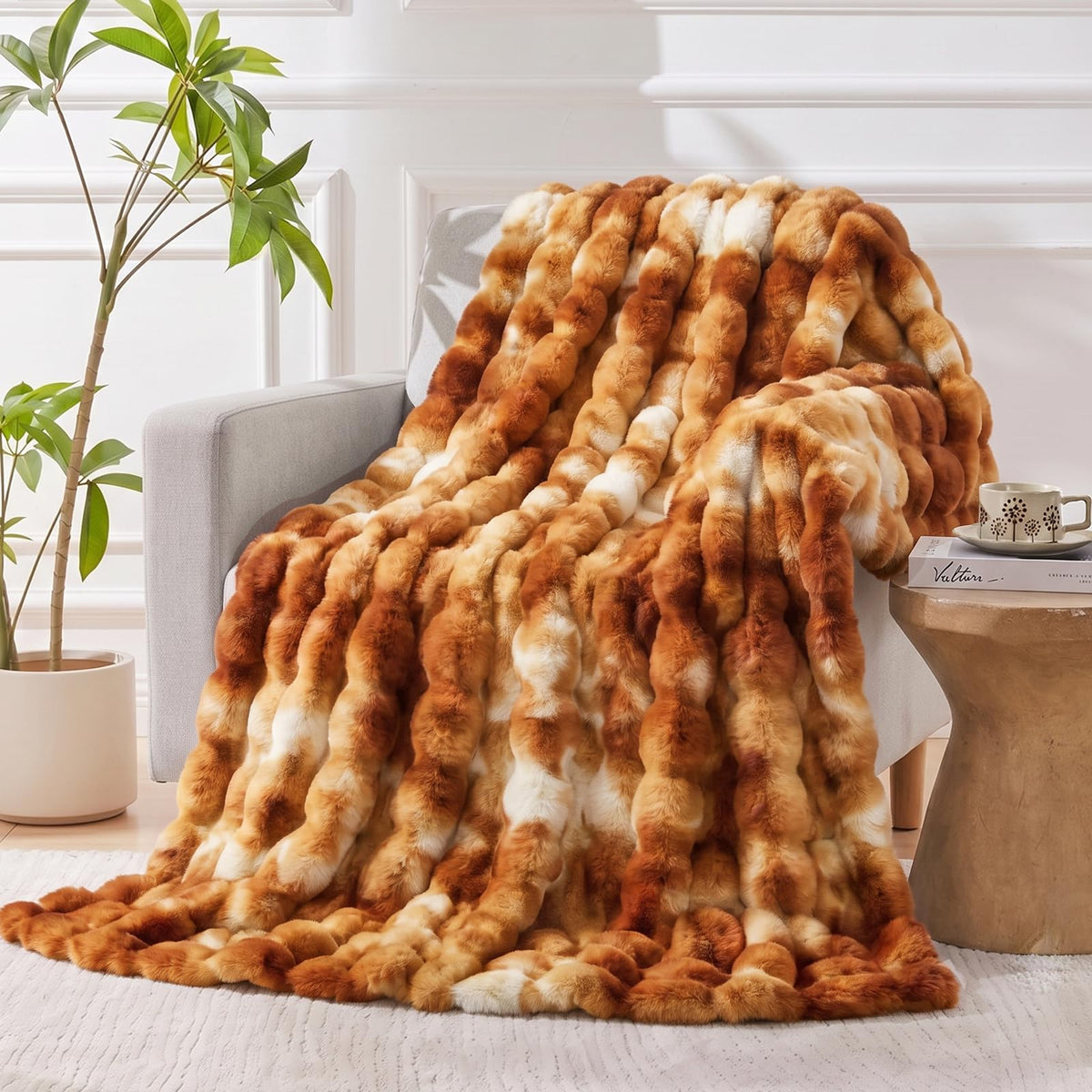 Faux Fur Throw Blanket for Couch, Luxury Cozy Soft Fluffy and Fuzzy Plush Rabbit Fur Bubble Blanket for Sofa Bedroom Living Room, Mothers Day Birthday Gifts for Women