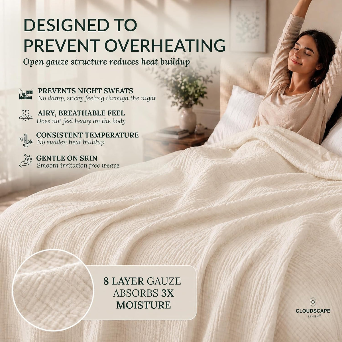 CLOUDSCAPE 8 Layer Muslin Blanket Queen Size, Gauze, Cotton 92"x92" - Ivory