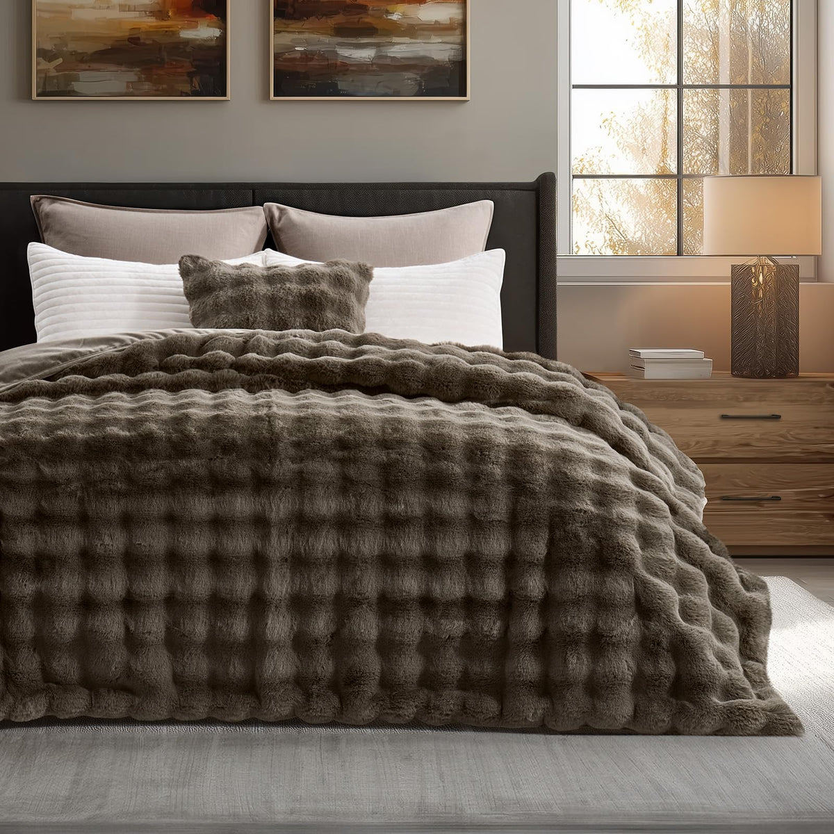 EverGrace Faux Rabbit Fur Bubble Throw Blanket, 60"x80", Ivory White