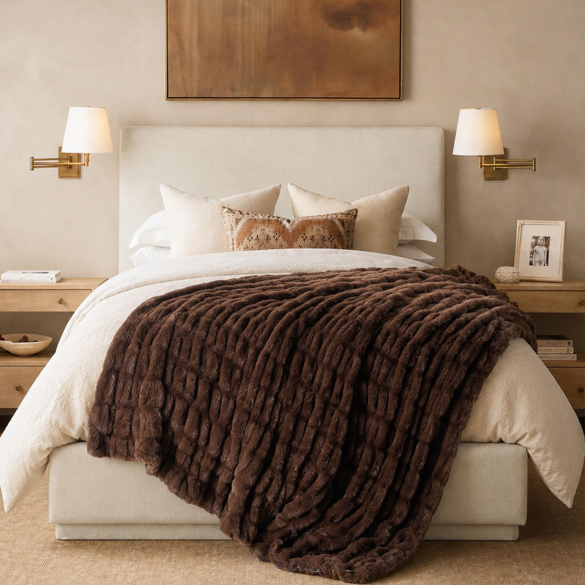 BATTILO Soft Ivory Faux Fur Throw Blanket for Couch, 50"x60", Double Side