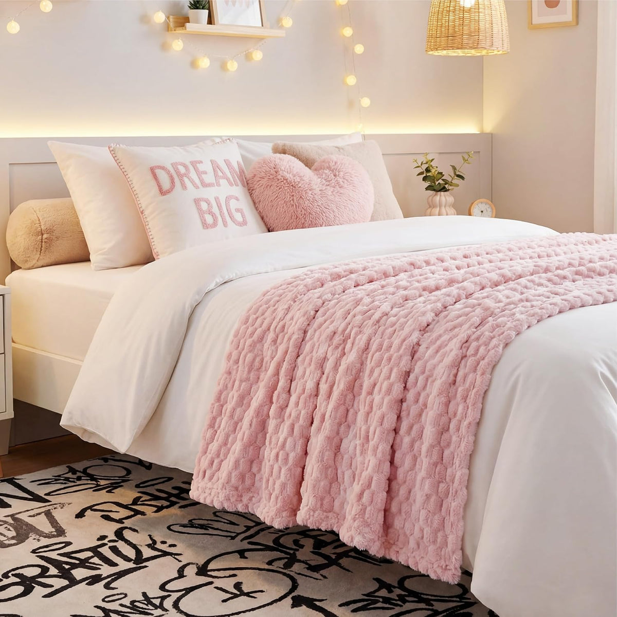 Bedsure Pink Throw Blanket for Couch - 350GSM Fluffy Plush Bubble Blanket for Bed Home Room Decor, GentleSoft Cute Fleece Soft Cozy Gifts for Women Girls, 50x60 Inches