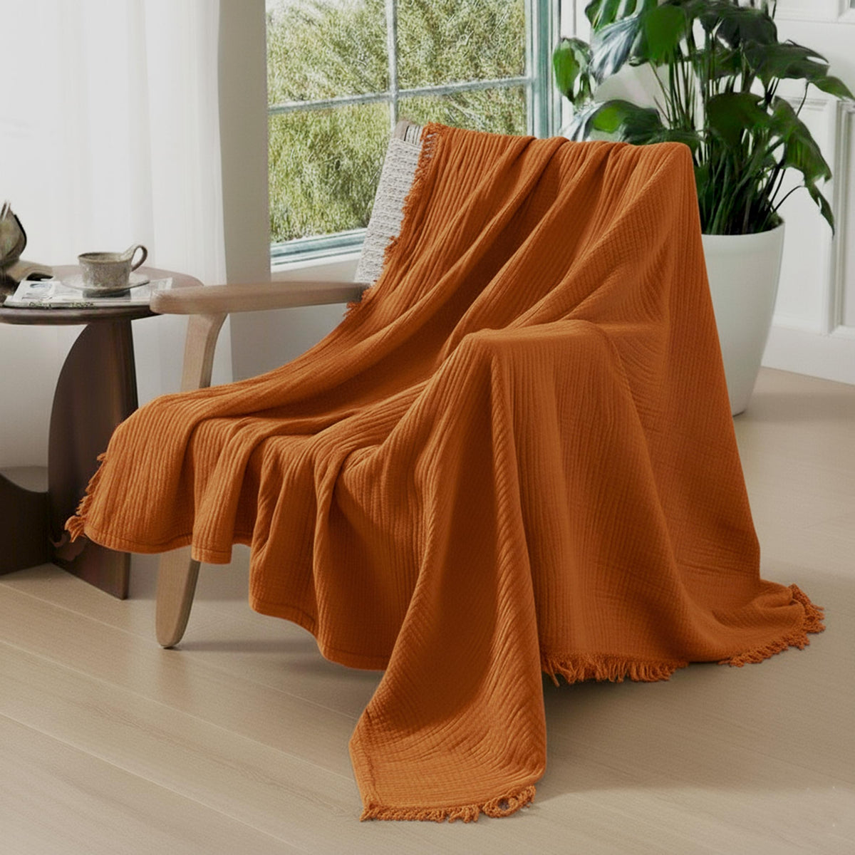 KyraHome 100% Organic Cotton Muslin Throw Blanket, 50"x60", Oatmeal Khaki