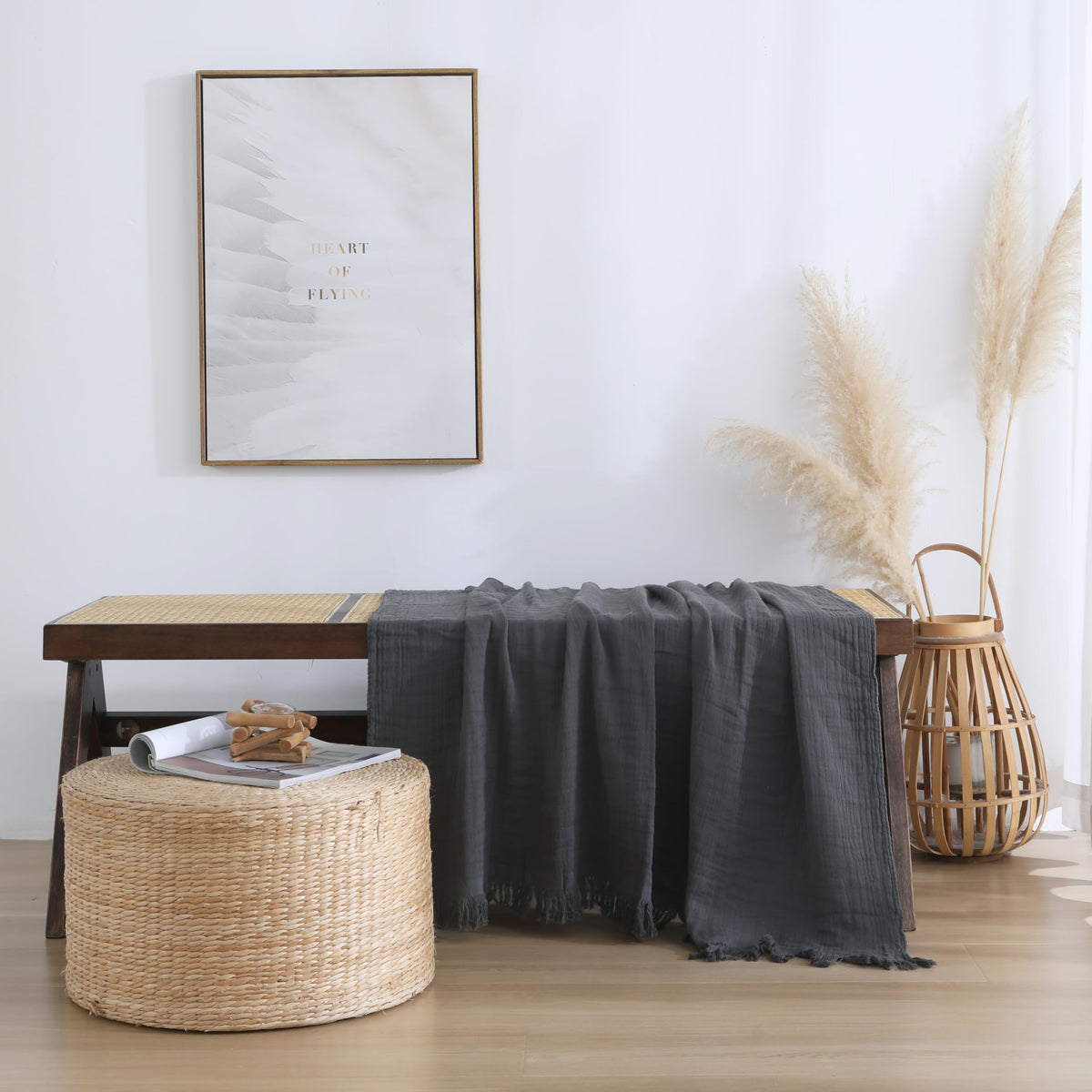 100% Cotton Muslin Throw Blanket for Bed, Couch, Small, Decorative, Soft, Pre-Washed, Breathable and Lightweight Gauze Blanket with Fringes(Linen Grey, 50"x60")