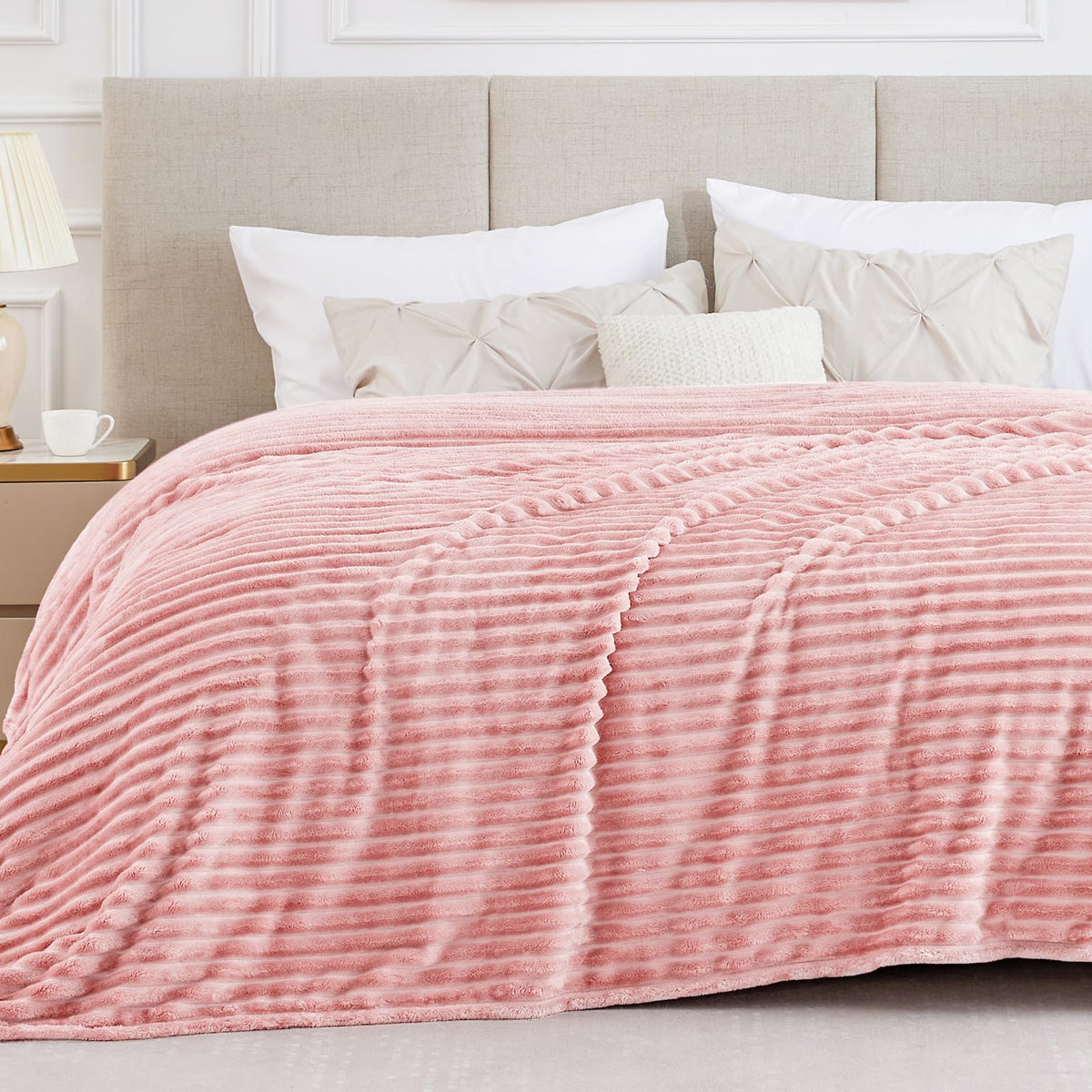 BEDELITE Ribbed Fleece Throw Blanket for Couch, Cream, 50"x60"