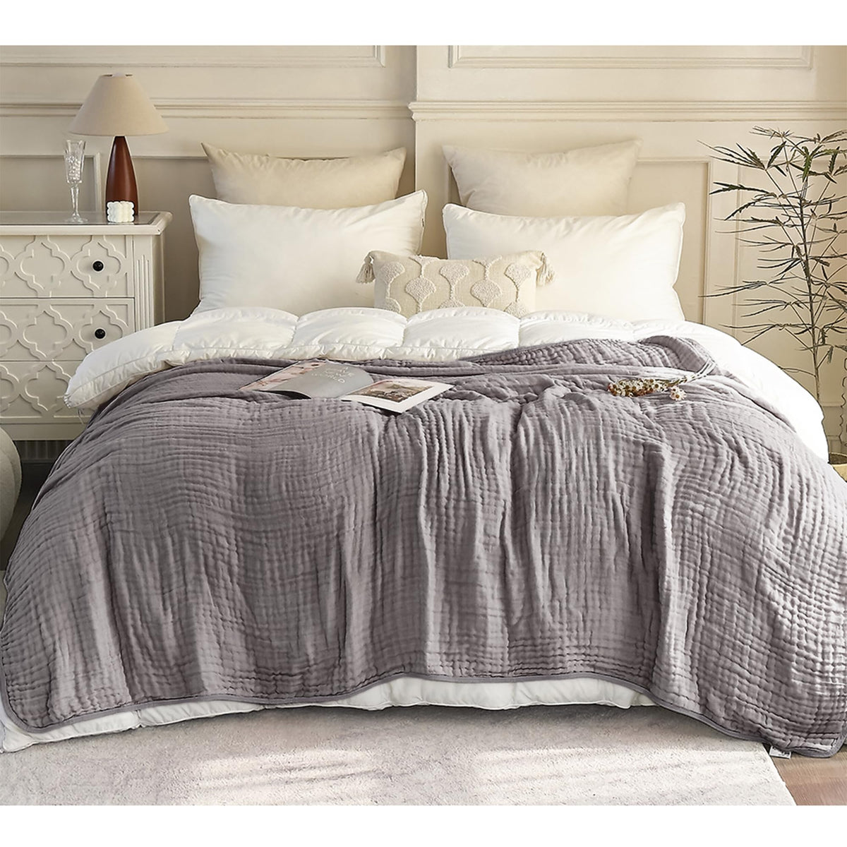 SANACYNA Cotton Muslin Throw Blanket for Adults 6-Layer Gauze Checkerboard