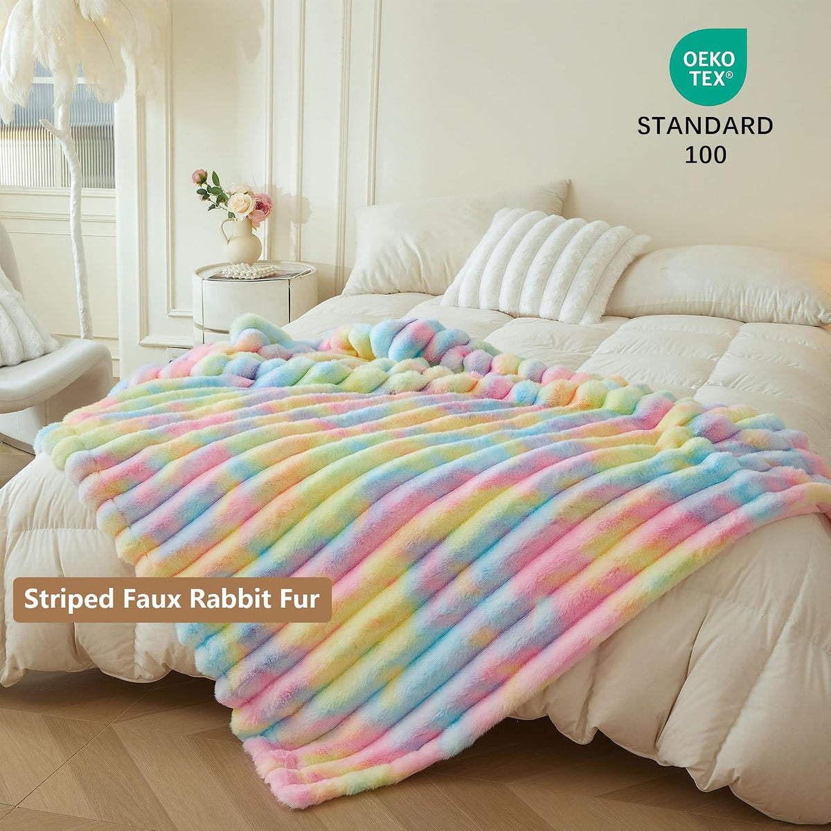 MEGO Fluffy Faux Rabbit Fur Ribbed Throw Blanket 50"x60", Rainbow