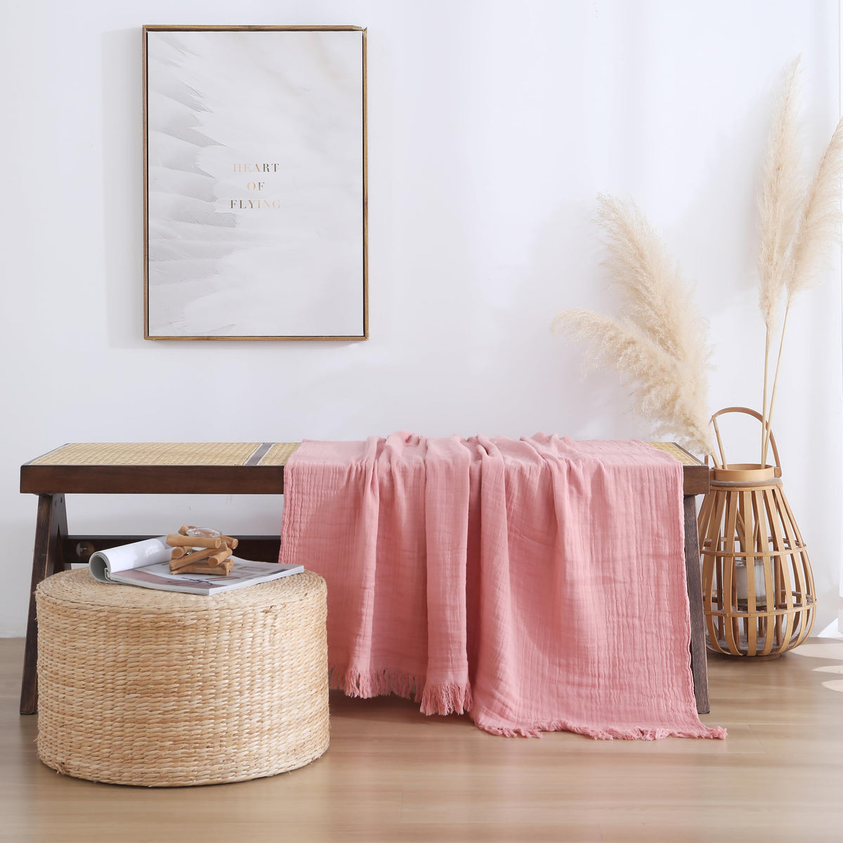 100% Cotton Muslin Throw Blanket for Bed, Couch, Small, Decorative, Soft, Pre-Washed, Breathable and Lightweight Gauze Blanket with Fringes(Linen Grey, 50"x60")