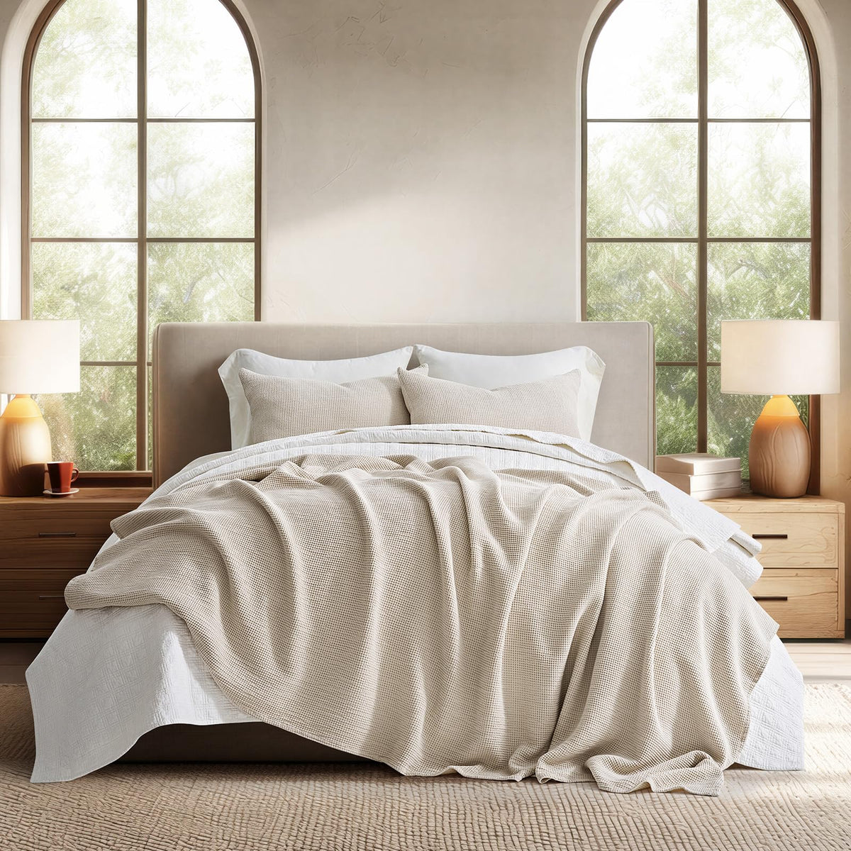 EverGrace 100% Cotton Waffle Bed Blanket, King Size, Birch
