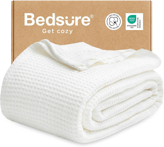 Bedsure 100% Cotton Throw Blanket for Couch, Waffle Weave, White, 50"x70"