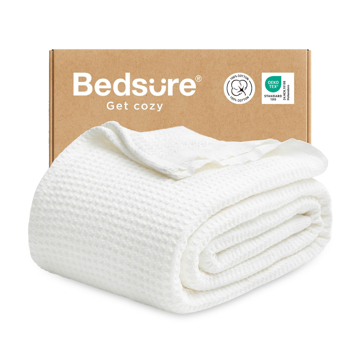 Bedsure 100% Cotton Throw Blanket for Couch, Waffle Weave, White, 50"x70"