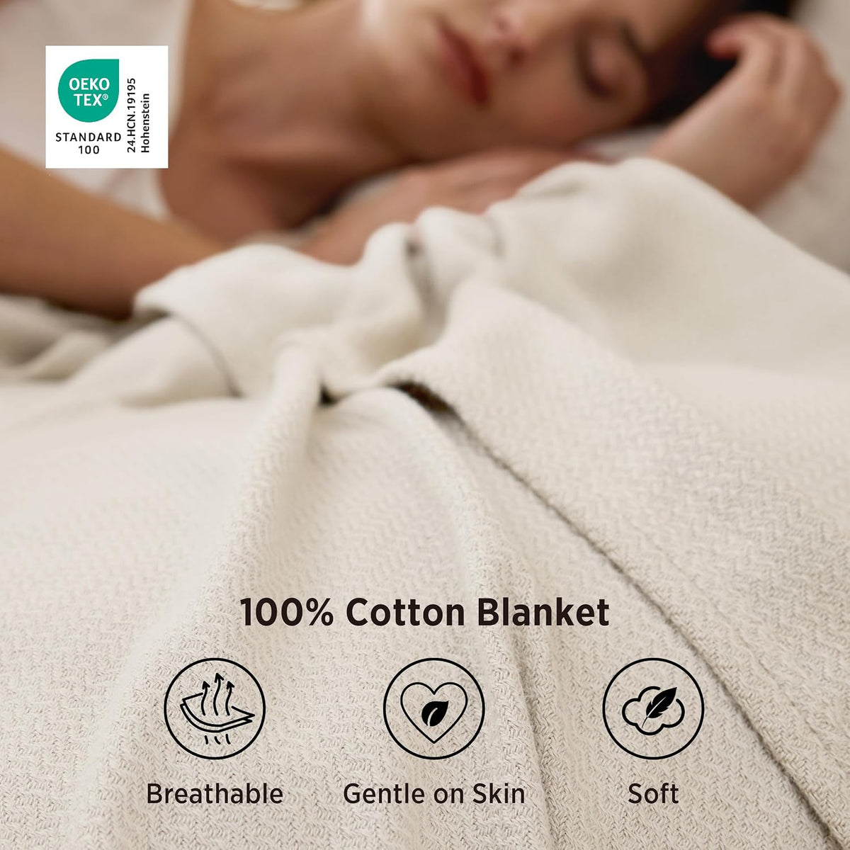 Bedsure 100% Cotton Blanket, Herringbone Weave, Queen Size, Linen Beige