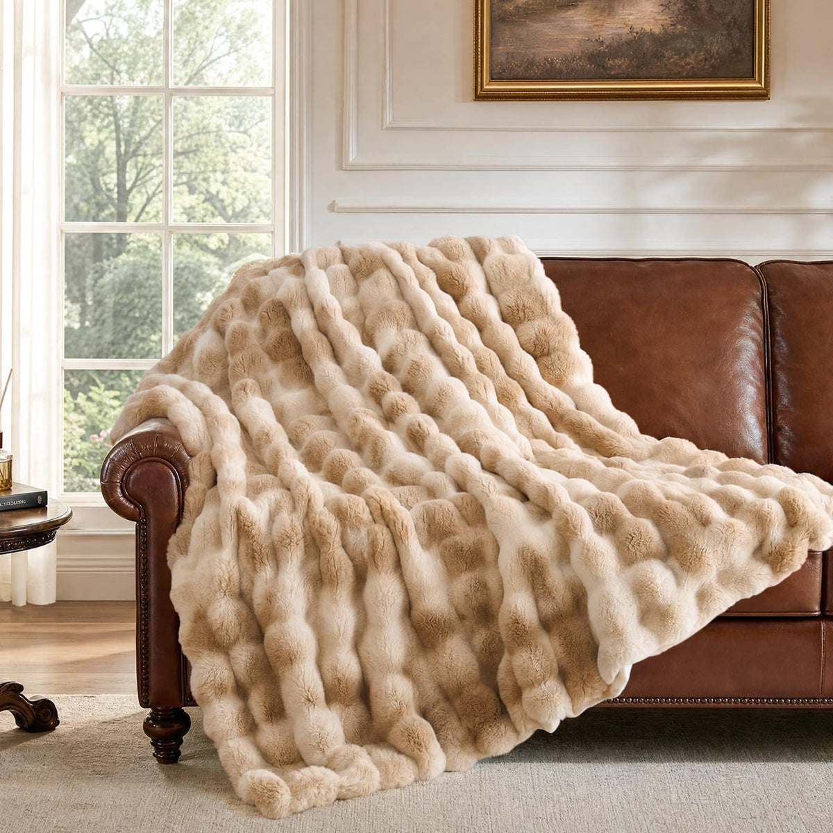 IKALIFE Cozy Bubble Faux Fur Throw Blanket for Couch, 50x60 Cream