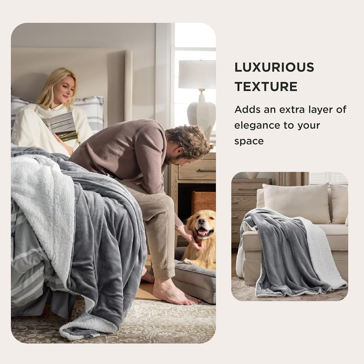 Bedsure GentleSoft Sherpa Fleece Throw Blanket for Couch, Non-Heated, Thick & Warm Cozy Comfort Blanket for Winter Fall, Soft Fuzzy Plush Throw Gifts for Women and Men, Grey, 50x60 Inches
