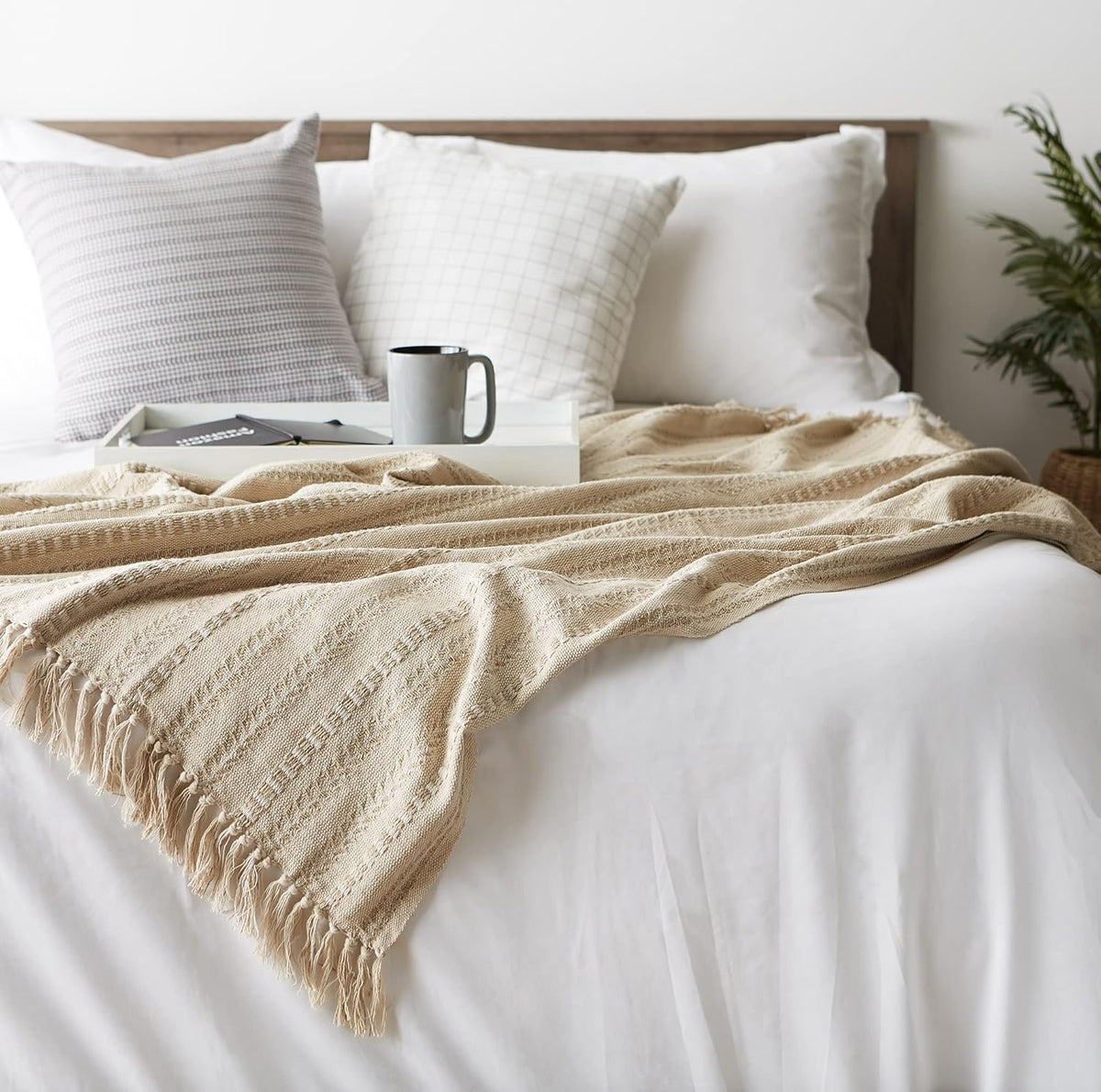 DII Braided Striped Throw Blanket, 50x60, Vintage Linen on Cream