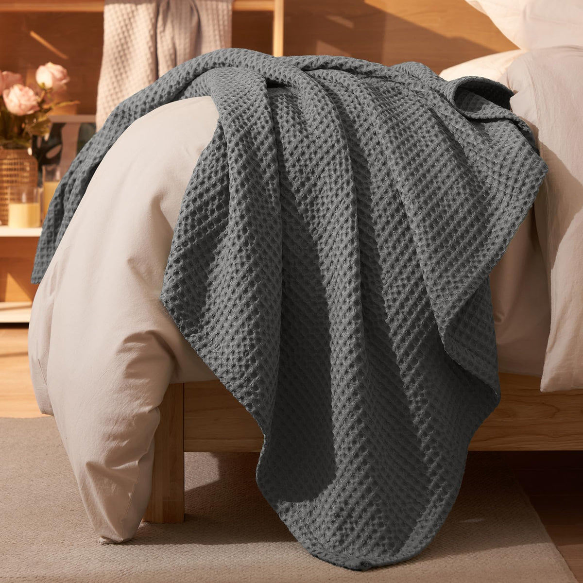 PHF Ultra Soft Waffle Weave Blanket for Bed, Queen Size, Light Khaki/Linen