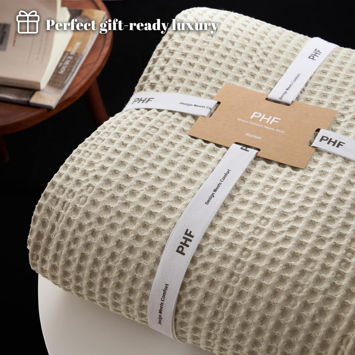 PHF Ultra Soft Waffle Weave Blanket for Bed, Queen Size, Light Khaki/Linen