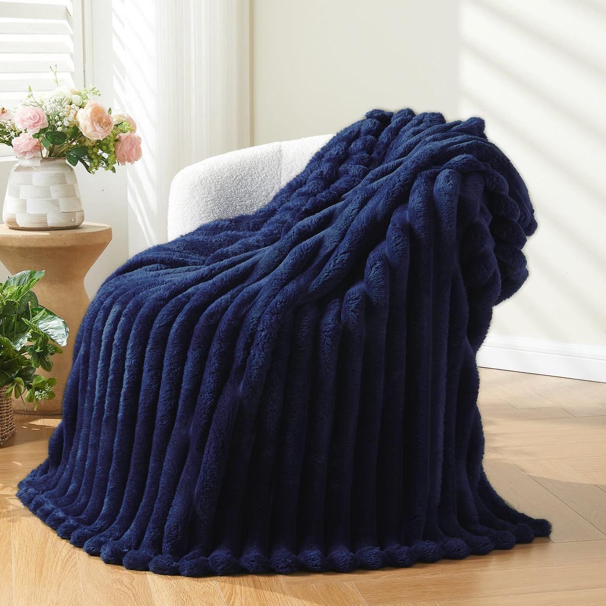 NEWCOSPLAY Fleece Ribbed Cozy Throw Blanket for Couch, Pink, 50"x60"
