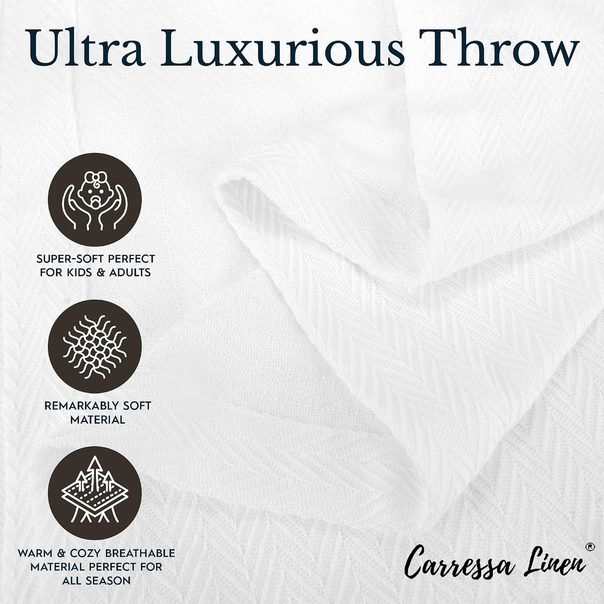 Carressa Linen Luxury Organic Cotton Blankets King Size | 100% Cotton King Size Blanket GOTS Certified (White) | Breathable, Lightweight, Soft & Cozy Herringbone Bed Throw Blanket for All Seasons