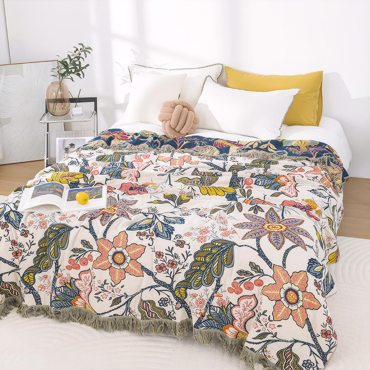 Snycler Boho Throw Blanket for Bed, 100% Organic Cotton Muslin Soft Throw-Floral Bird Farmhouse Rustic Spring Summer Fall Decor Blanket for Couch Sofa Quilt and Gift, 60" x 80" Orange